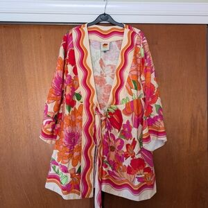 FARM Rio Bright Floral Tie-Front Kimono in Pink & Orange Linen Boho BNWOT